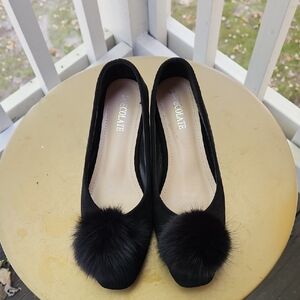 Suecolate Women's Black Suede Flats with Pom Pom Detail